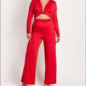 ZAFIRA SASHA SELF TIE CONVERTIBLE LONG SLEEVE WIDE LEG JUMPSUIT HIBISCUS RED S